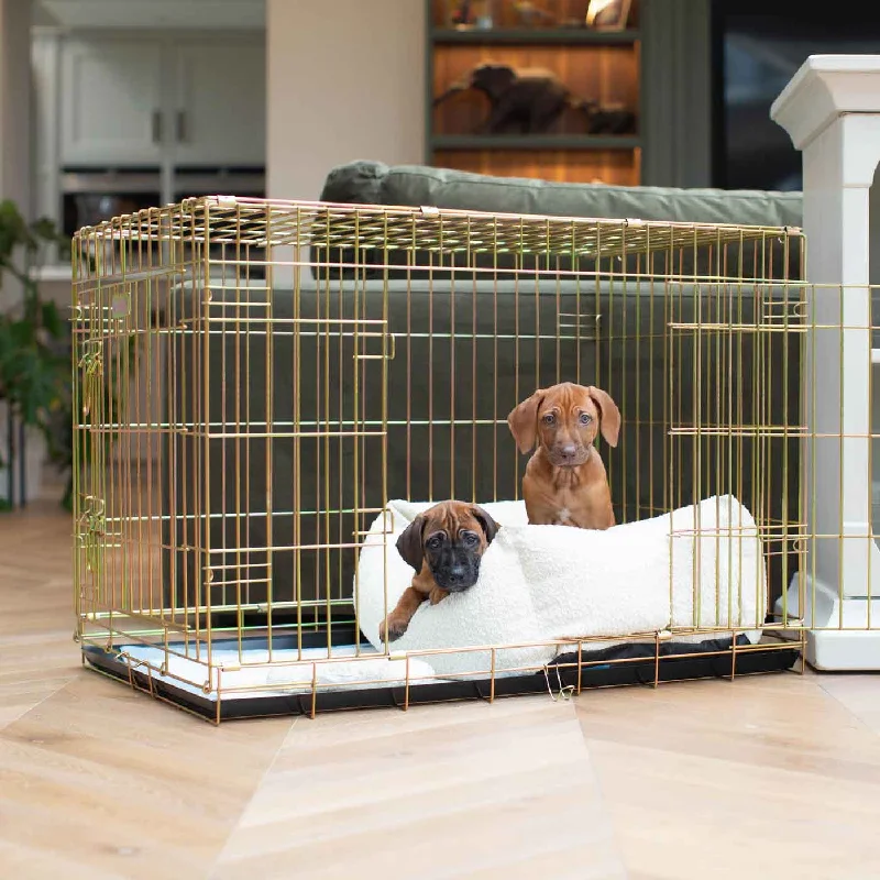 Gold Dog Crate with Cosy & Calming Puppy Crate Bed in Ivory Bouclé by Lords & Labradors