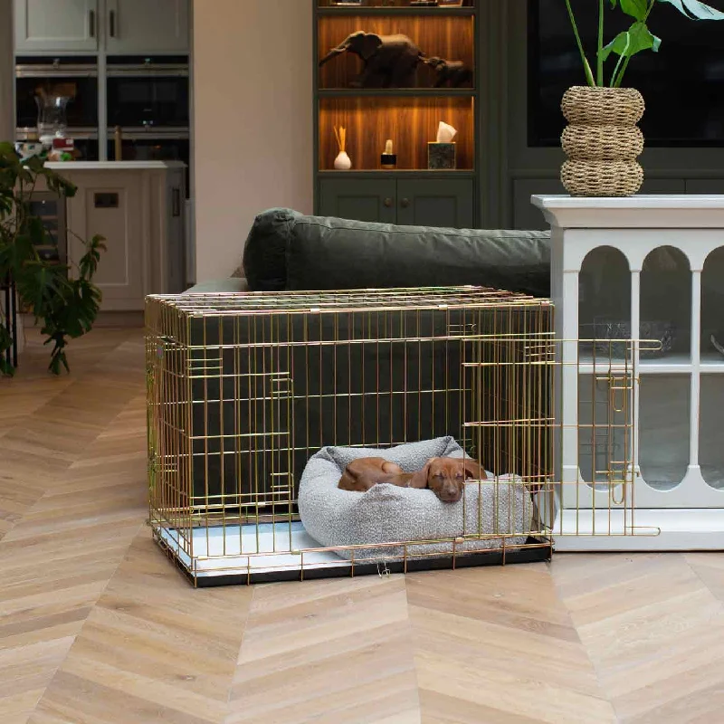 Gold Dog Crate with Cosy & Calming Puppy Crate Bed in Mink Bouclé by Lords & Labradors