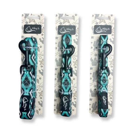 RILEY S. DOG LEASH- TEAL LEOPARD AZTEC