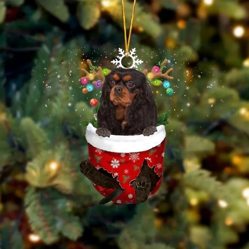 Black and Tan Cavalier In Snow Pocket Christmas Ornament SP081