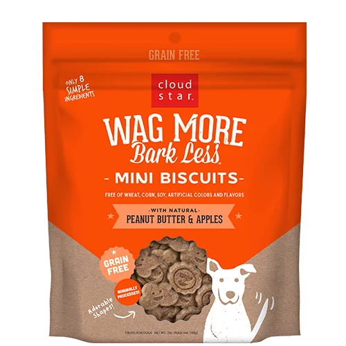 Cloud Star Wag More Bark Less Mini Biscuits Grain Free Oven Baked Dog Treats with Peanut Butter & Apples, 7oz