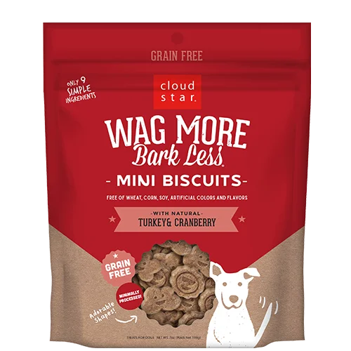 Cloud Star Wag More Bark Less Mini Biscuits Grain Free Oven Baked Dog Treats with Turkey & Cranberry, 7oz